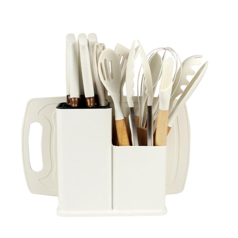 19pcs Heat Resistant Silicone Kitchen Utensil Set with Non Stick Tools and Knives in Bamboo Storage Ideal for Easy Cooking beige
