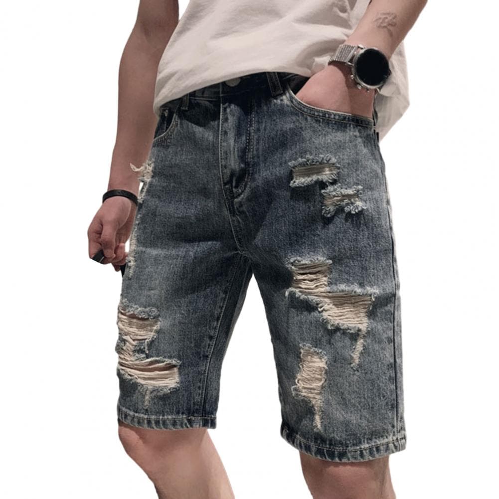 Summer Ripped Holes Denim Shorts Mid-rise Pockets Zipper Button Fly Straight Leg Knee Length Men Short Jeans Streetwear M blue