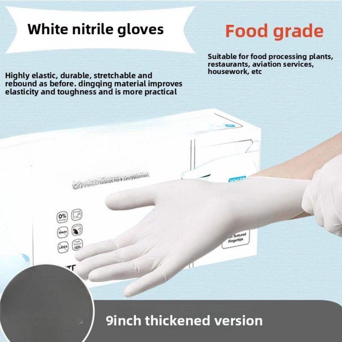10/20/50/100 Disposable Nitrile Gloves, Waterproof, Latex Free, Powder Free, with Battery Glowing, Suitable for Household and Kitchen Cleaning S-50PCS white