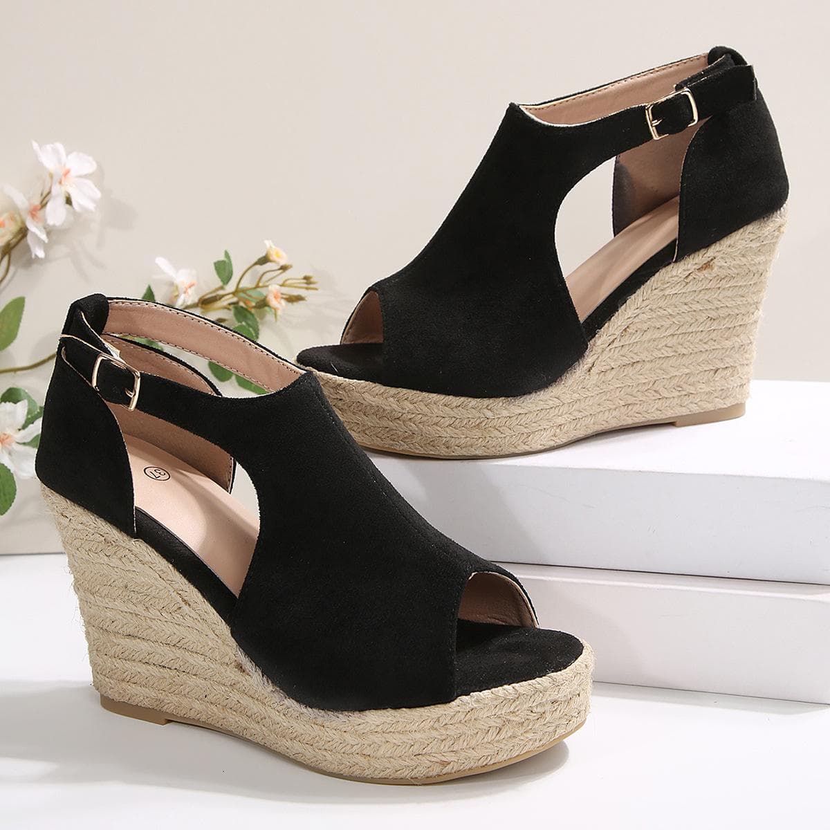 Women's Summer Thick Bottom Wedges Sandals Fashion Hollow Fish Mouth Sandals Outdoor Leisure Breathable High Heel Sandals 36 black
