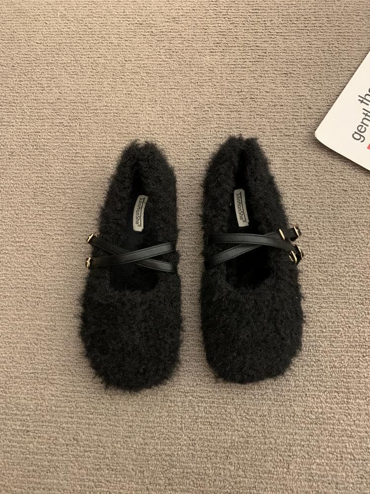 2024 Spring Lambhair Women Ballet Laofer Flat Shoes Fashion Shallow Slip On Ladies Fur Mary Jane Shoes Soft Outdoor Granny Shoes 35 black