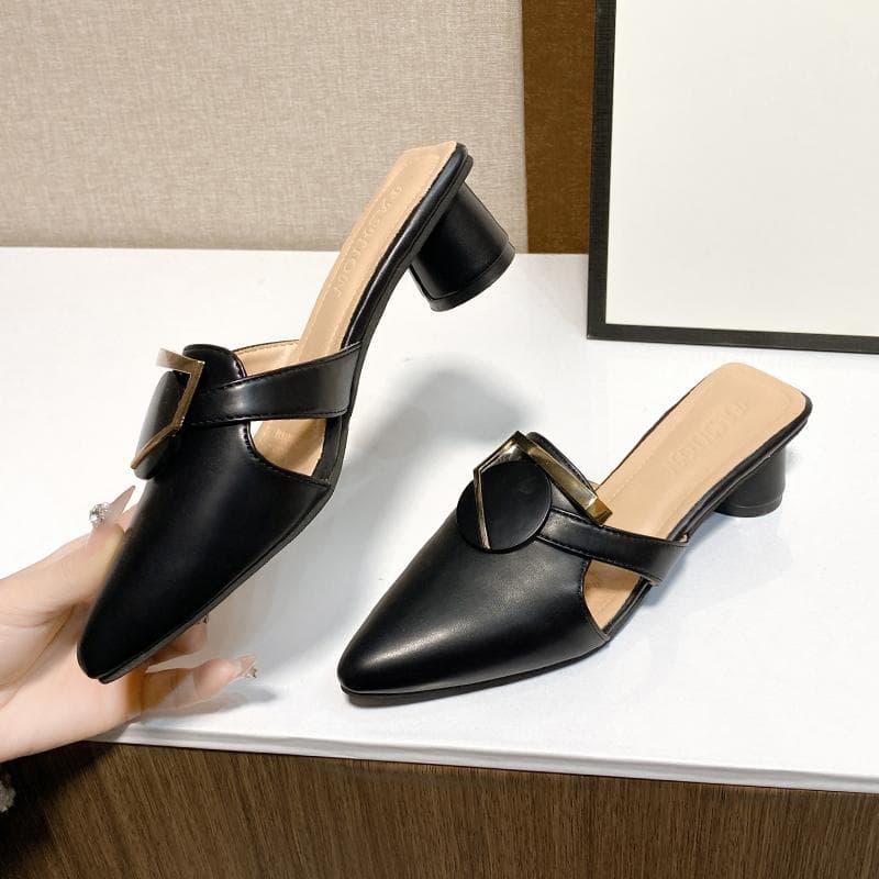 Europe  Summer new pointy thick heel sandals all-match temperament Baotou soft leather shoes with women's shoes tide 41 black