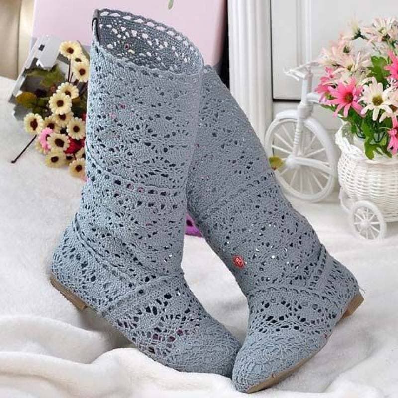 Lace Hollow Boots Shoes Breathable Knit Line Mesh Korean High Summer Women Boots Knee High Womens Shoes 38 grey