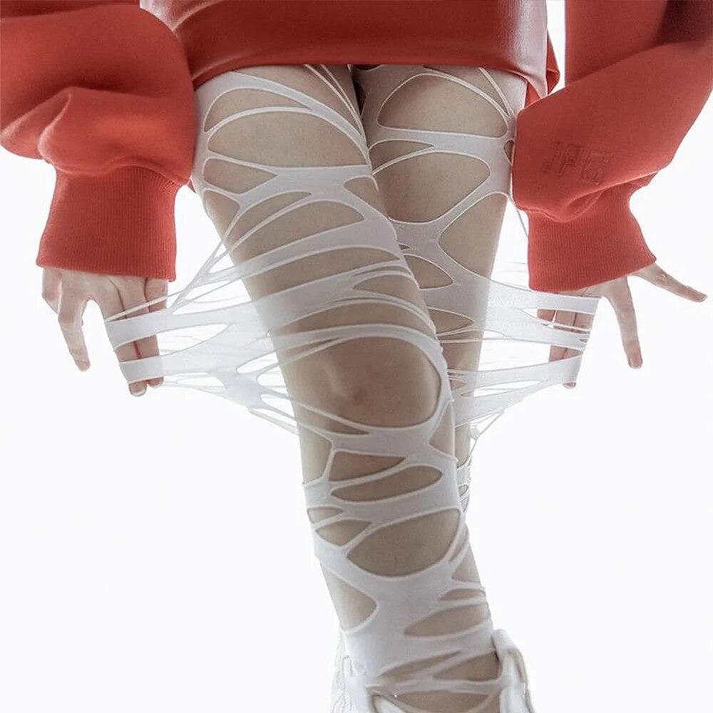 Women Sexy Perforated Stocking Halloween Gothic Black Punk Torn Strap Y2k Ragged Pantyhose Hosiery Party Underwear Pantyhose one size white