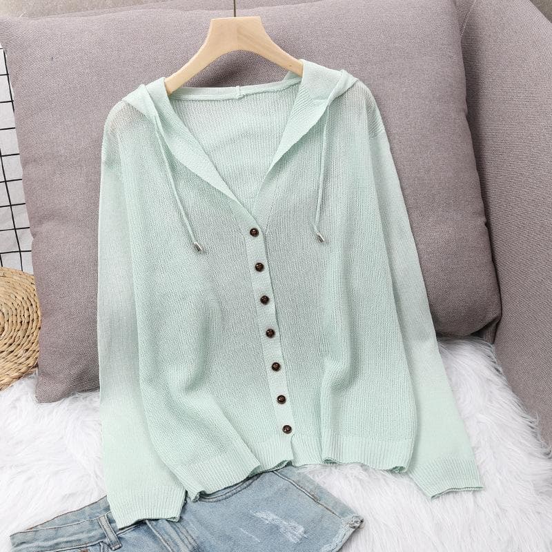 Hooded Ice Silk Summer Knit Cardigan Jacket Women's Top Loose Thin Section Hollow Sunscreen Outer Wear XL green