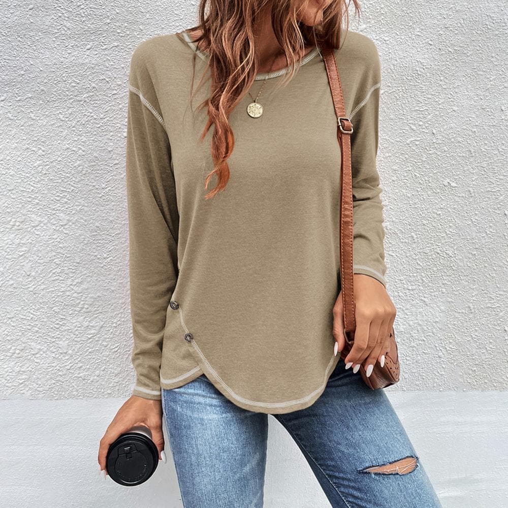 Round Neck Long Sleeve Women T-Shirt Solid Color Loose Casual Tops Button Oversized Cotton Tees Irregular Pullover M khaki