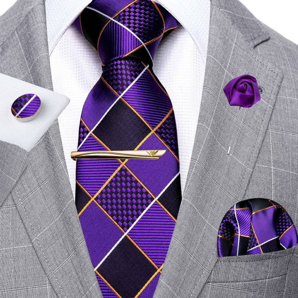 Barry.Wang Men Purple Ties Necktie Tie Clip Boutonniere Hanky Cufflinks Black Silk Ties Set for Business Wedding Dating N-5287
