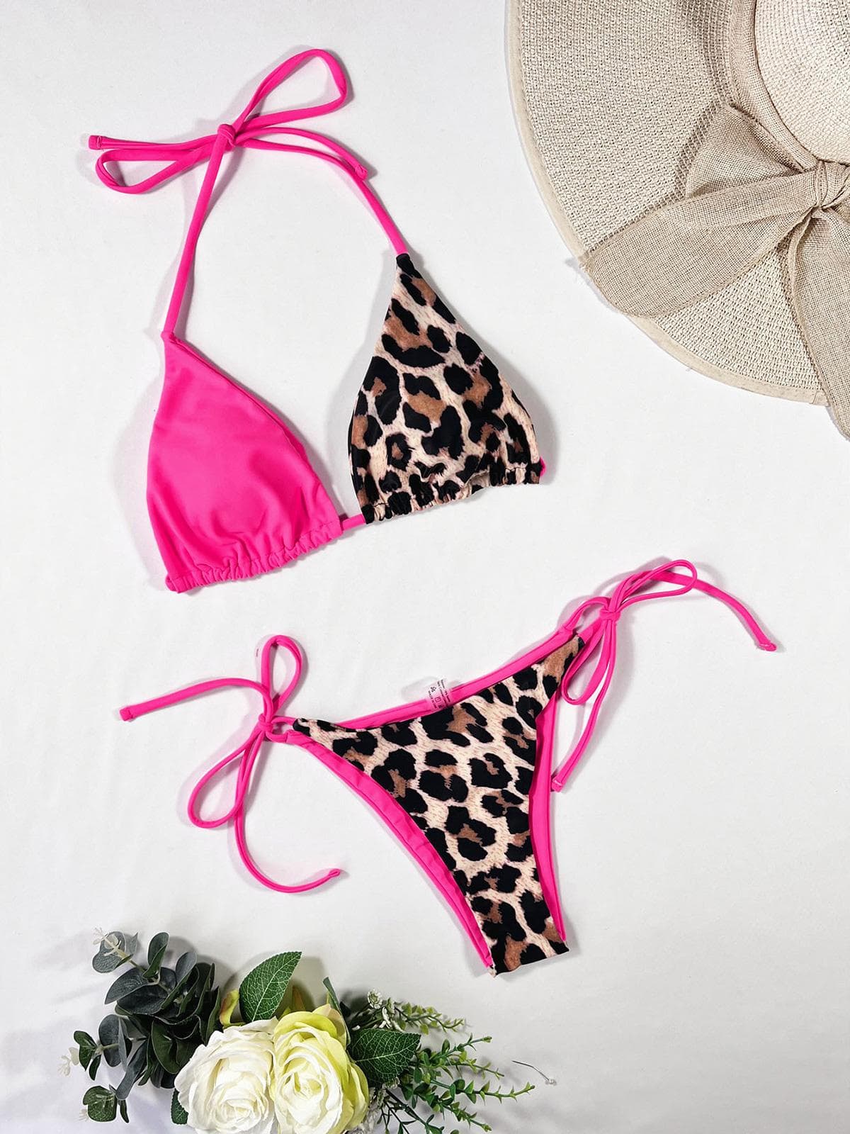 10 Colors Splicing Halter Leopard Bikini Female Swimsuit Women Swimwear Two-pieces Bikini set Bather Bathing Suit Swim Lady L leopard/hot pink