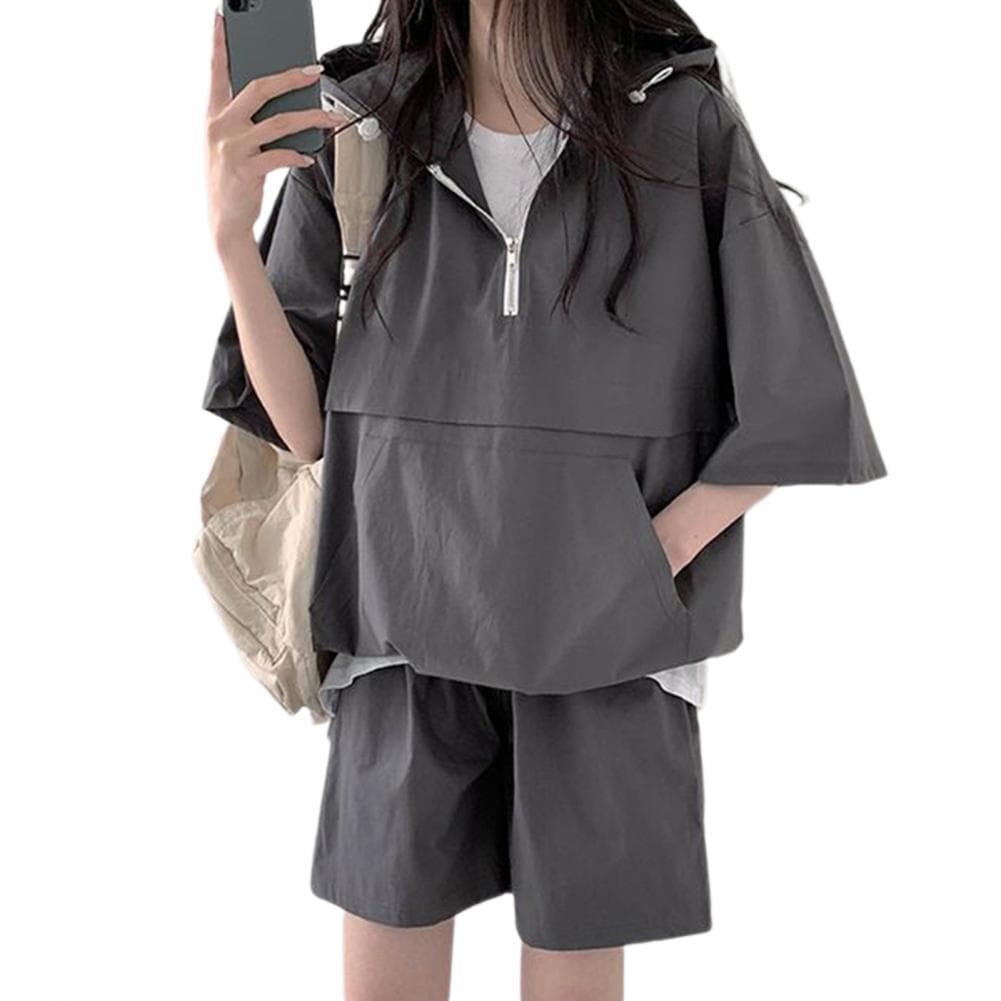Women Hoodie Shorts Set Women's Casual Sport Outfit Set with Hoodie Shorts Big Pockets Three-quarter Sleeve Top for Everyday XXL grey