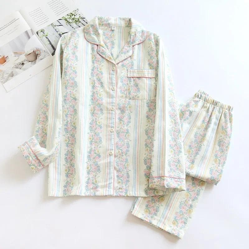 New Women's Pajamas Set 100% Cotton Gauze Long-sleeved Trousers Two-piece Set Fresh and Sweet Thin Home Clothes M