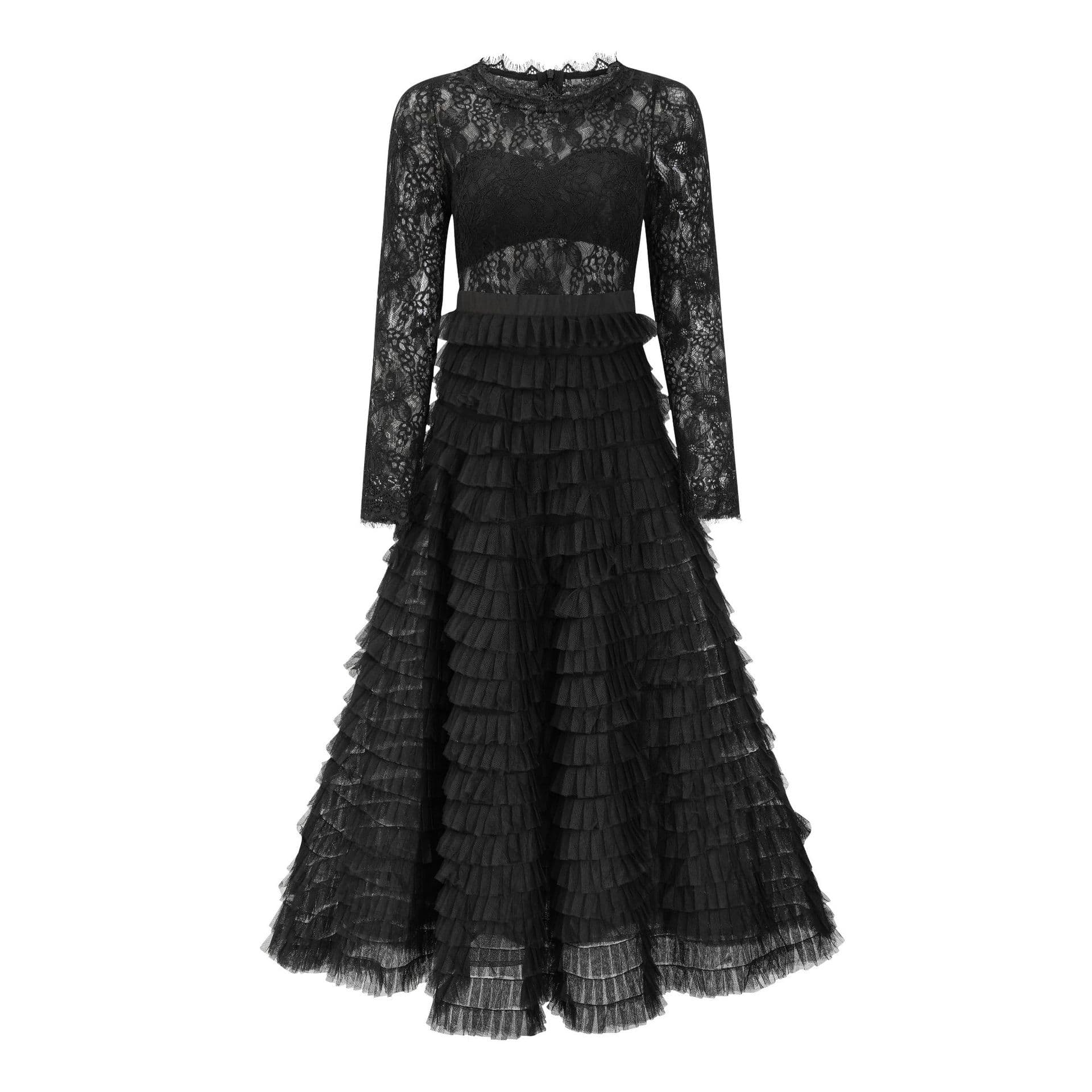 Hollow Lace Dress Dress, Solid Color Temperament Elegant Banquet Dress, Long-sleeved A-shaped Dress XL black