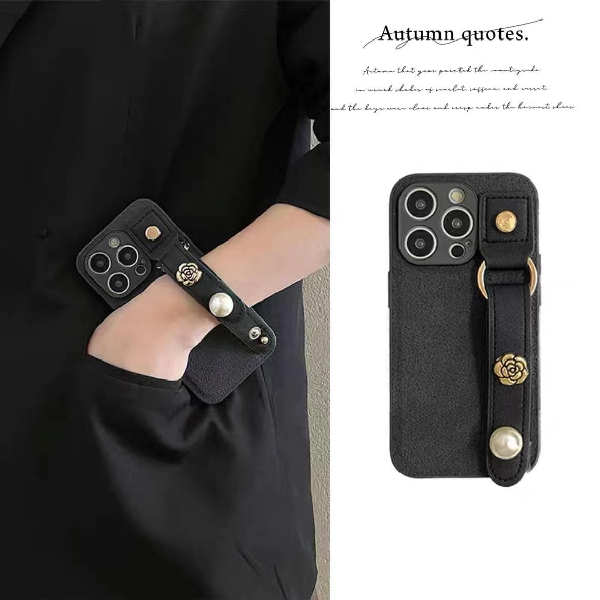 Suitable for Apple 16promax Phone Case, Pearl Camellia Wristband, IPhone15 Protective Case, 14 Luxurious iphone SE 2020