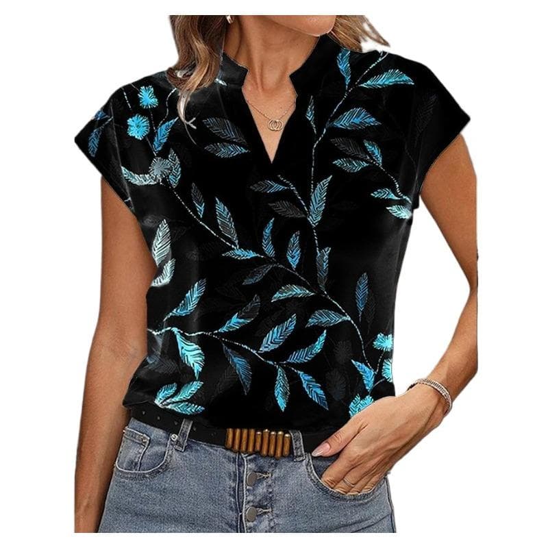 VEZFAA Women's Fashion Casual Summer Spring Leaves Print Short Sleeve V-Neck Blouses & Shirts XL black