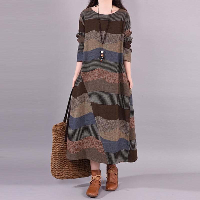 Spring New Literary Loose Splicing Striped Cotton and Linen Round Neck Long-sleeved Dress Women's Medium and Long XL