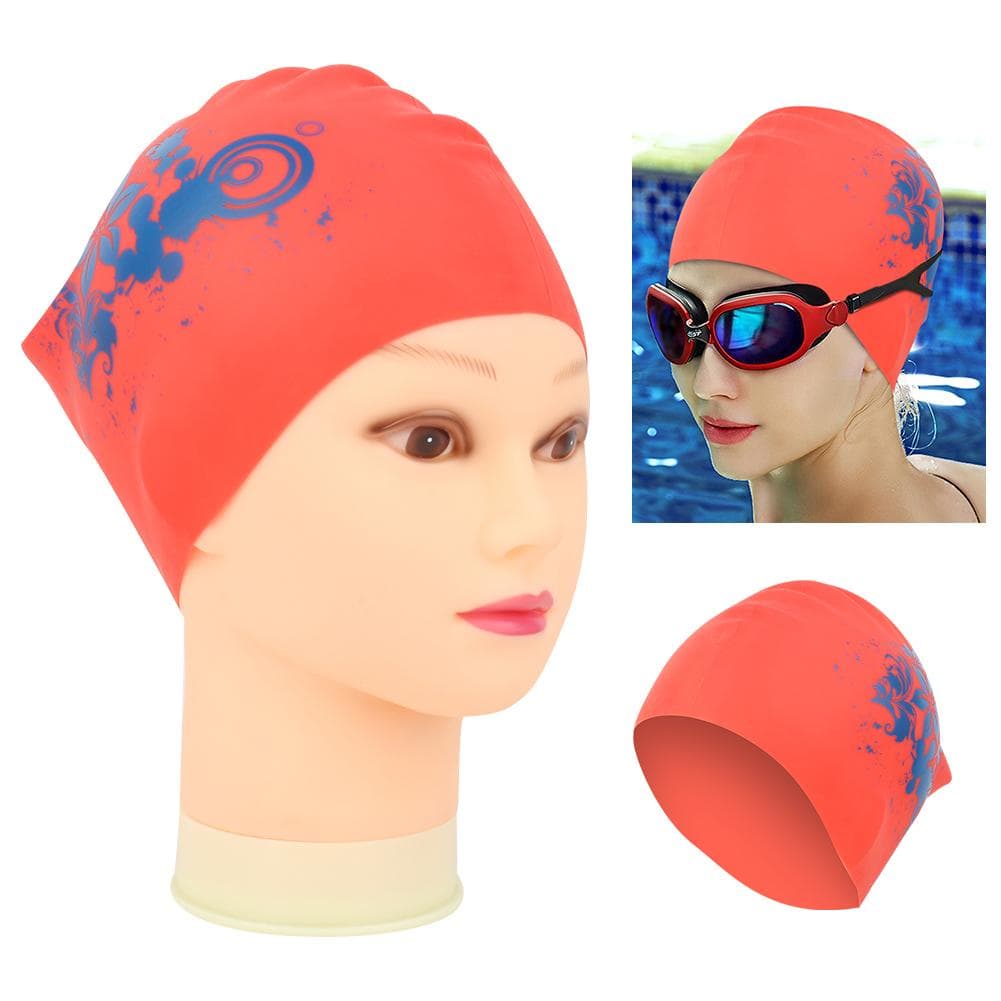 Unisex Swimming Cap Long Hair Silicone Swimming Cap with Fashionable Print (Red)