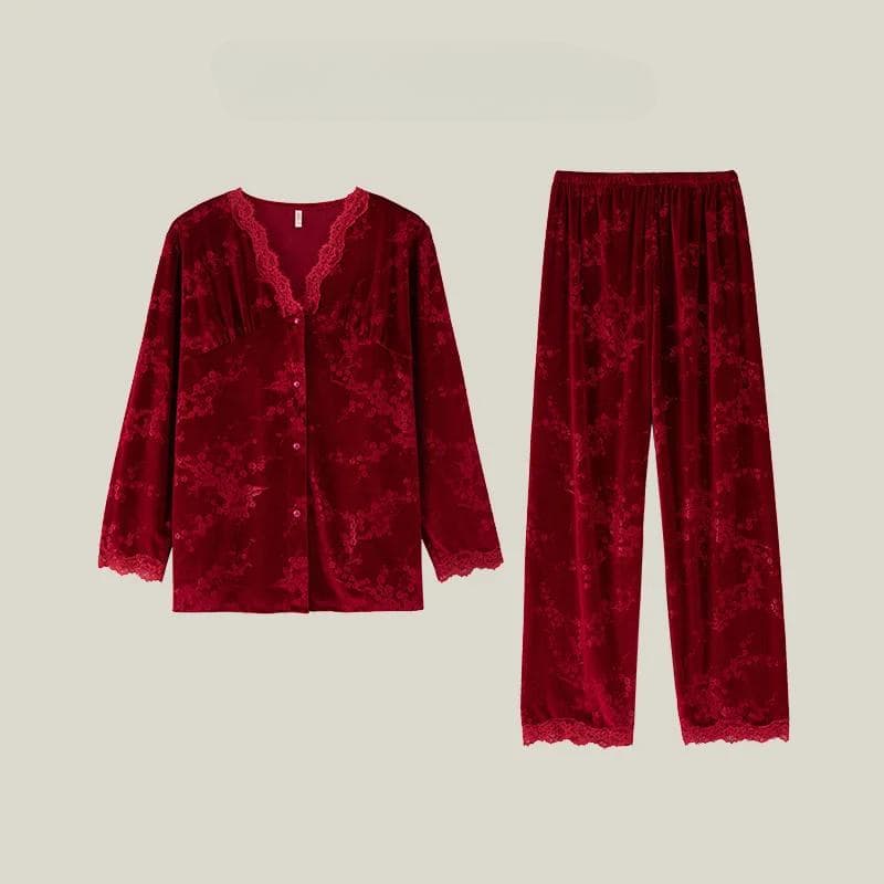 Sexy V-Neck Lace Edge Sleepwear Autumn Winter Velvet Plum Blossom Pajamas Suit Long Sleeved Homewear Casual Velour Lounge Wear XL