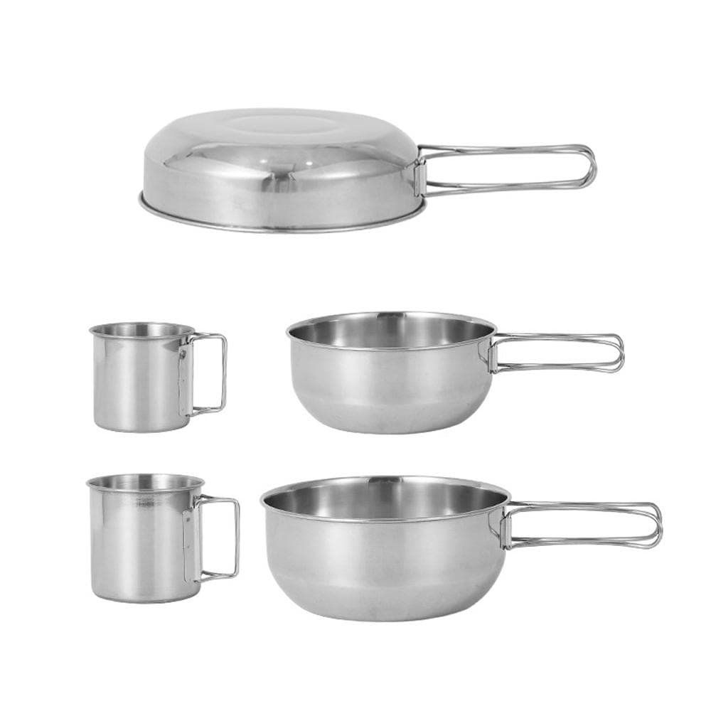 5pcs Camping Cookware Set Outdoor Portable Picnic Cookware Kit Stainless Steel Travel Tableware silver