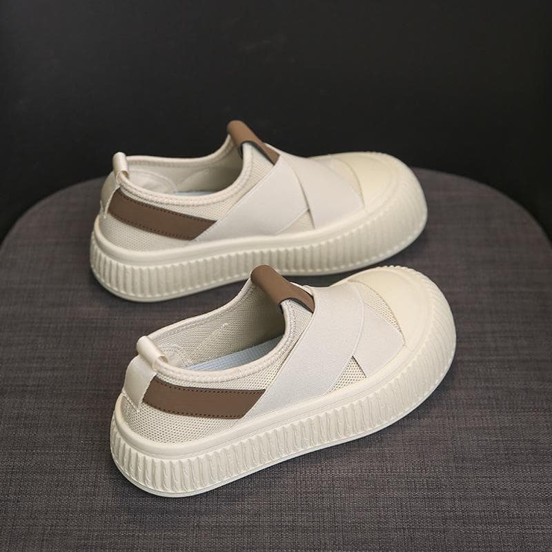 Thick Soled Round Toe Low Cut Canvas Slip on Shoes Mesh Surface Comfort Breathability Versatile Casual Board Shoes 35 beige