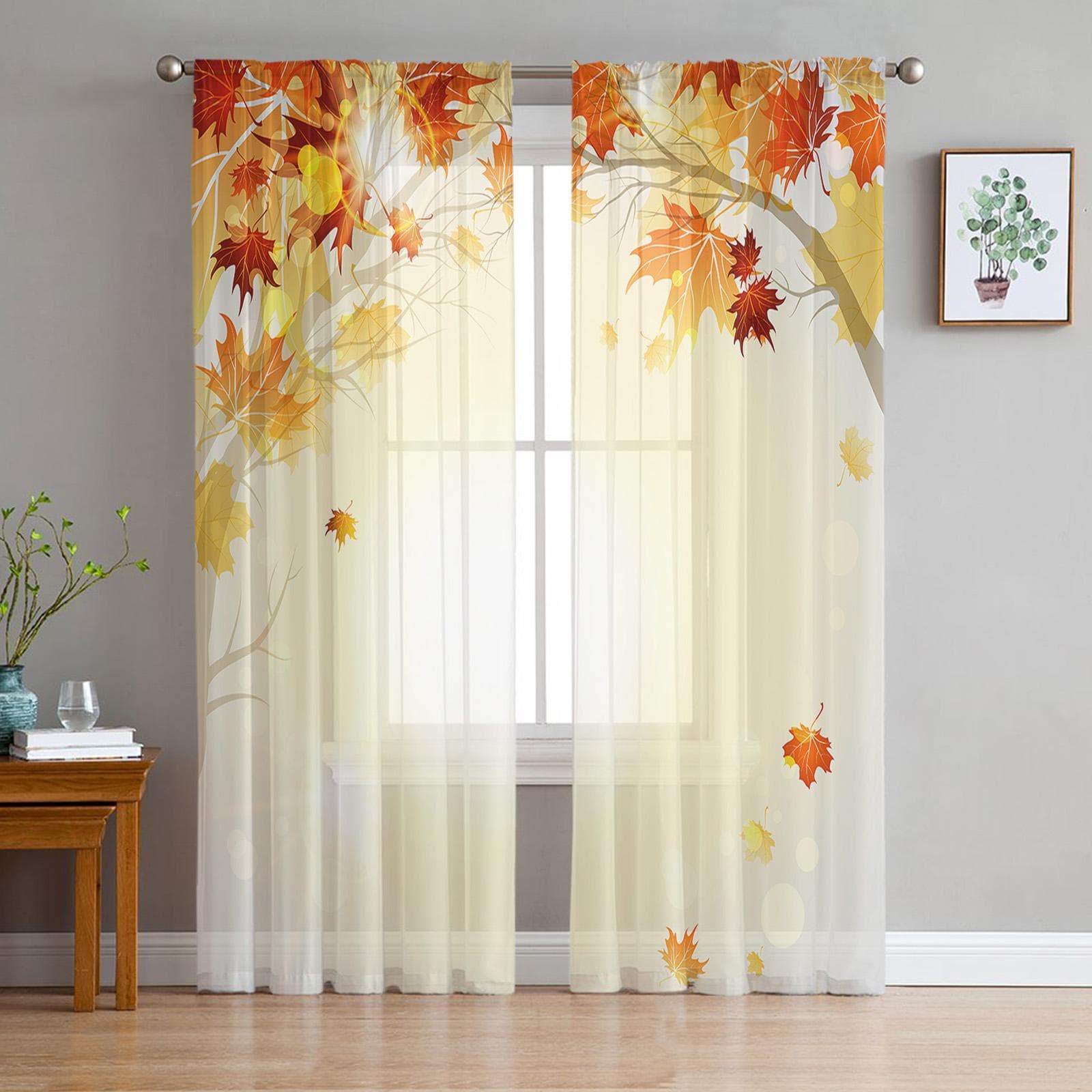 Tulle Curtains for Living Room Autumn Red Maple Leaf Bedroom Study Window Sheer Curtains Kitchen Balcony Interior Voile Curtains 135W x 213H(cm)