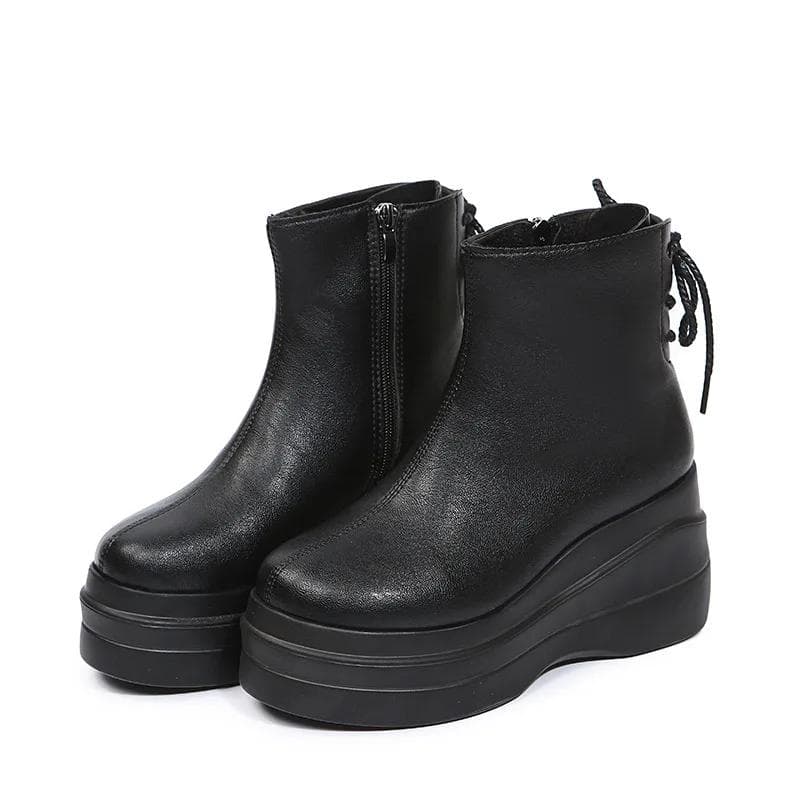 Fashion Autumn New Women Shoes Woman Platform Boots Fashion Round Toe Ankle Boots 2024 Winter Side Zipper Wedge Comfortable Botas Mujer 40 black