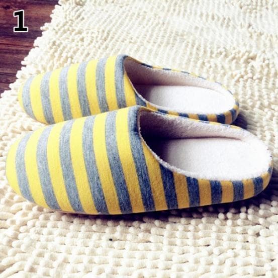 Women's Men's Winter Striped Warm Soft Anti-Slip Indoor Shoes Home Slippers L yellow