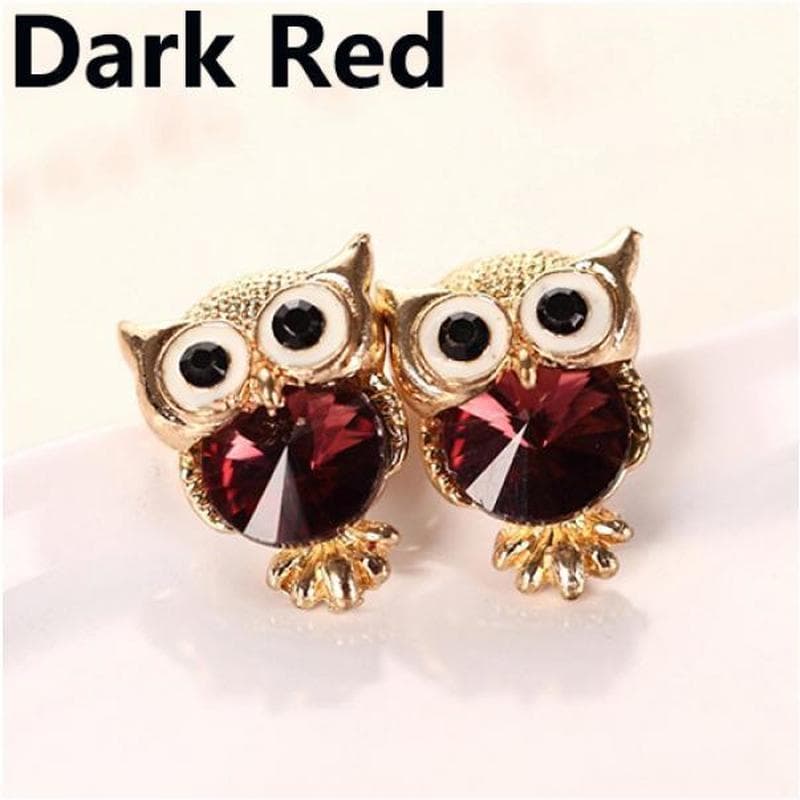 1 Pair of Earrings Women's Cute Owl Ear Studs Rhinestone Earrings Charm Fashion Jewelry dark red