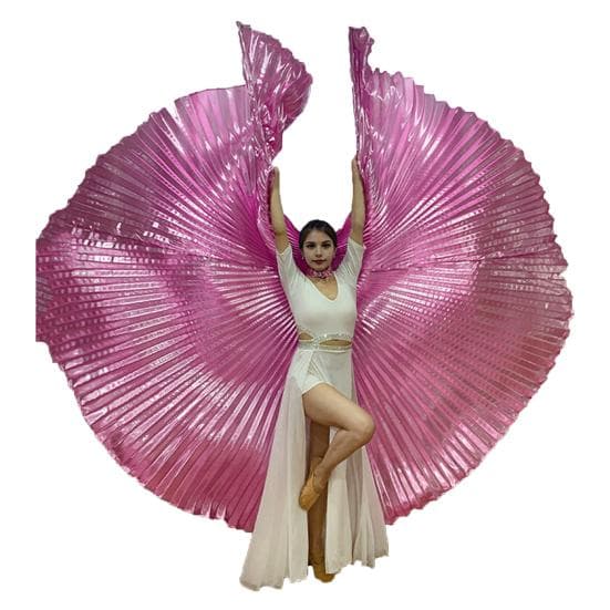 1 Set Performance Telescopic Rod 360 Wings Egyptian Degree Belly Dance Cape with Costume Pleated Bright pink