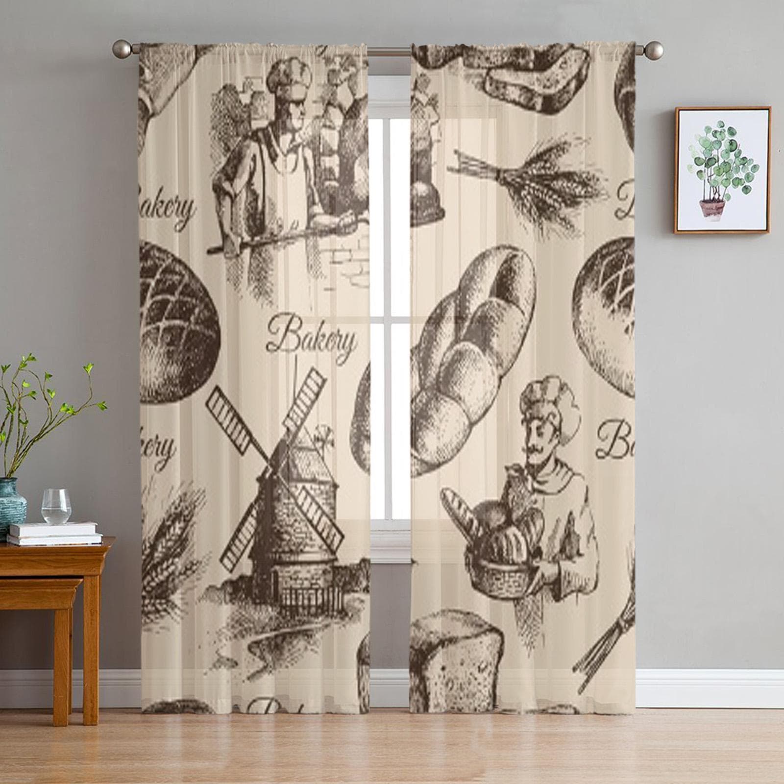 Bakery Sketch Seamless Pattern Tulle Sheer Curtains for Living Room the Room Bedroom Kitchen Decoration Voile Organza Curtains 135W x 114H(cm)