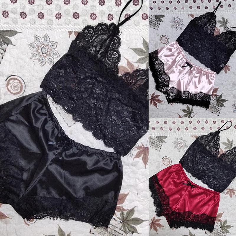 2PCS Womens Lace Sleepwear Lingerie Tops Shorts Set Babydoll Pajamas Nightwear M pink