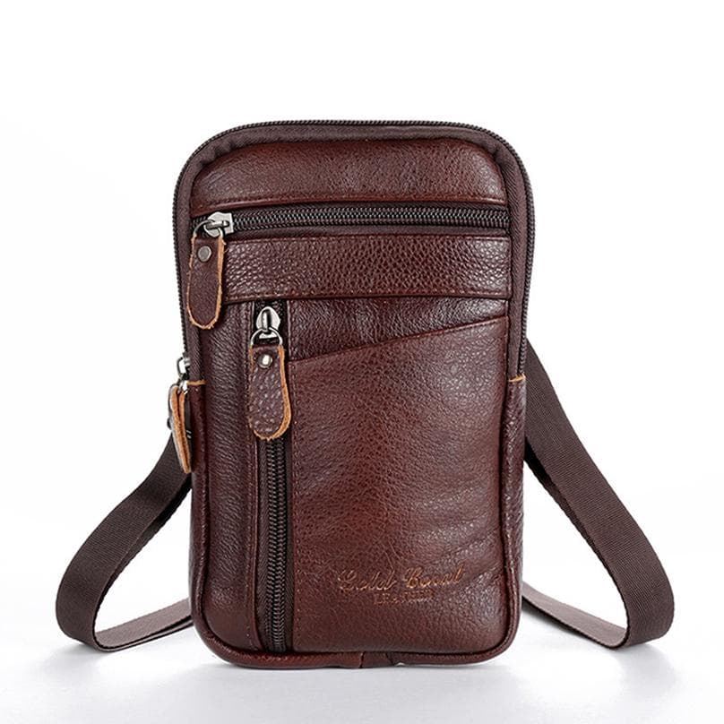 Portable Genuine Leather Men's Phone Bag Outdoor 1Pc Travel Waist Pack Shoulder Bags dark brown