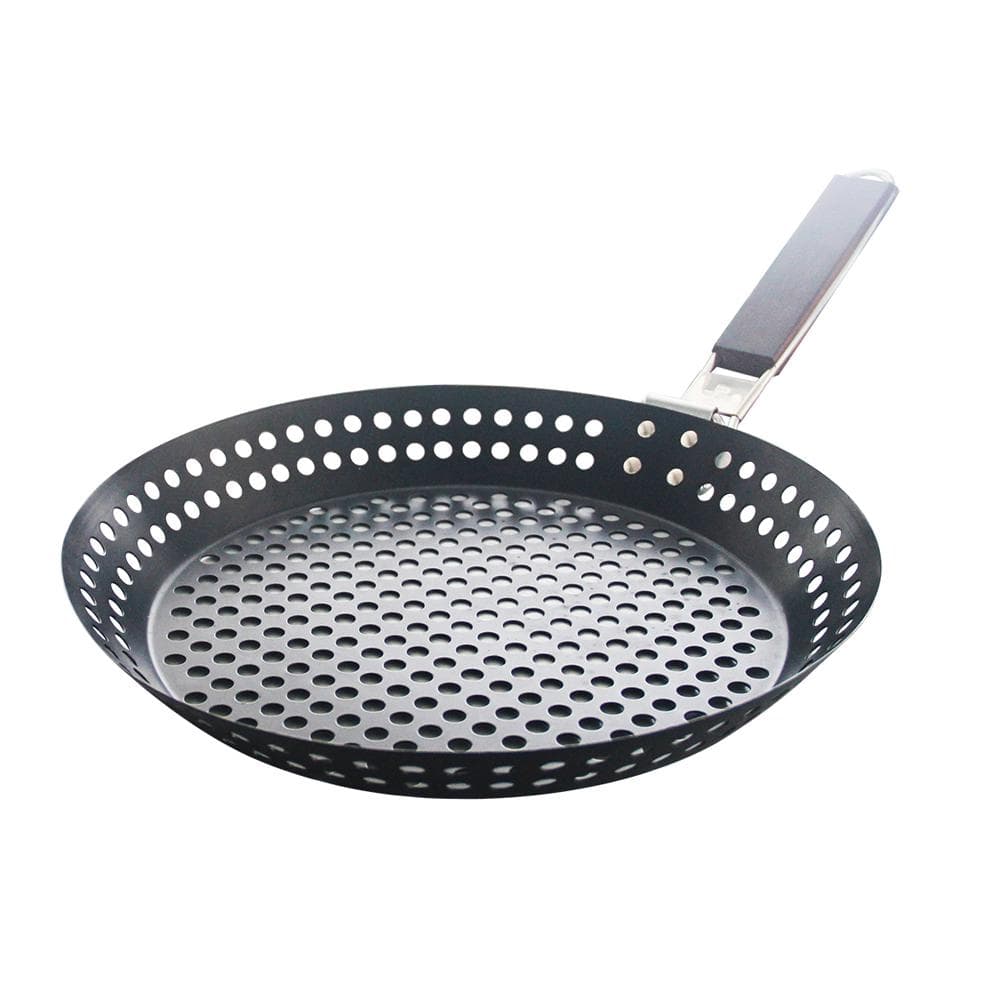 Non-stick Metal Grilling Skillet with Folding Wooden Handle Grill Skillet Pan with Holes Removable multicolour