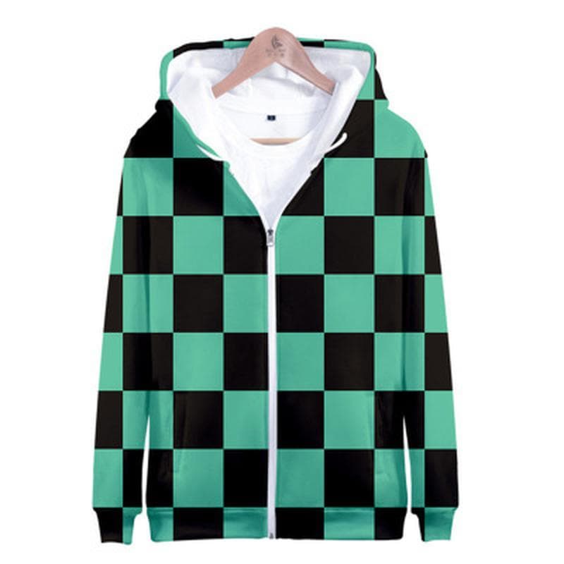 Anime Zipper Hoodies Demon Slayer Blade Kilo Gate Tanjirou 3d Digital Printed Clothes Hooded Plus Size XL green