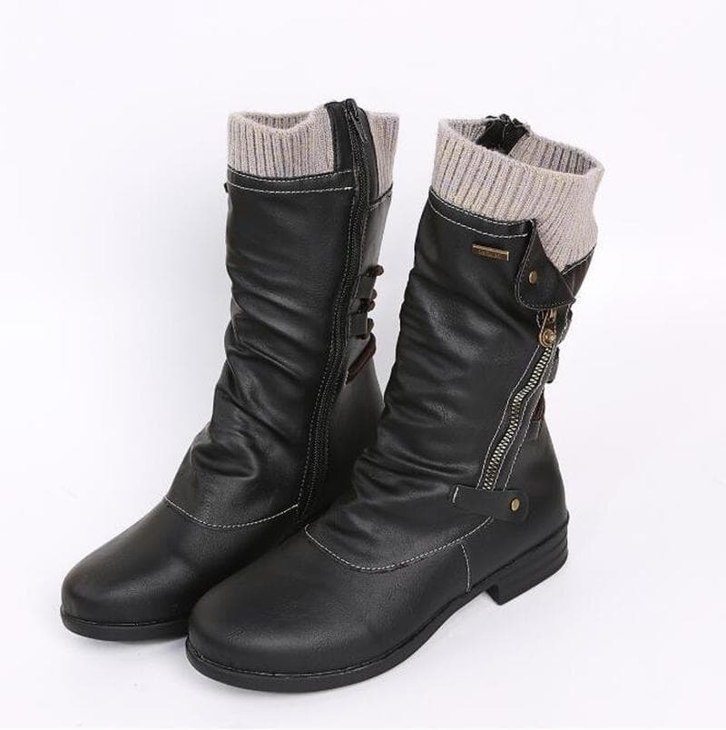 Women Mid-Calf  Boots Autumn Winter Female Casual Shoes Flat Fashion Platform Round Toe Zip Solid Plus Size 35-43 42 black