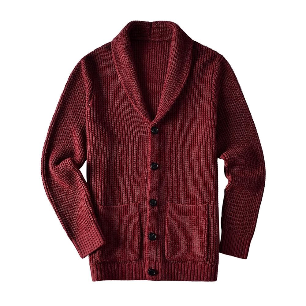 Men's Shawl Collar Cardigan Sweater Slim Fit Cable Knit Button up Merino wool Sweater L wine red