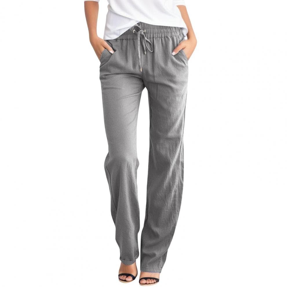 Women Casual Pants Straight Wide Leg Solid Color Long Pants with Pockets Elastic Waist Adjustable Drawstring Hiking Trousers L grey