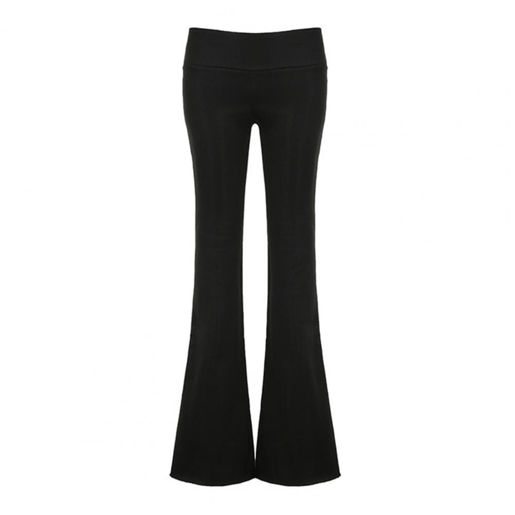Women Flared Pants Elastic High Waist Solid Color Casual Trousers Basic Style Slim Fit Long Pants Daily Wear S black