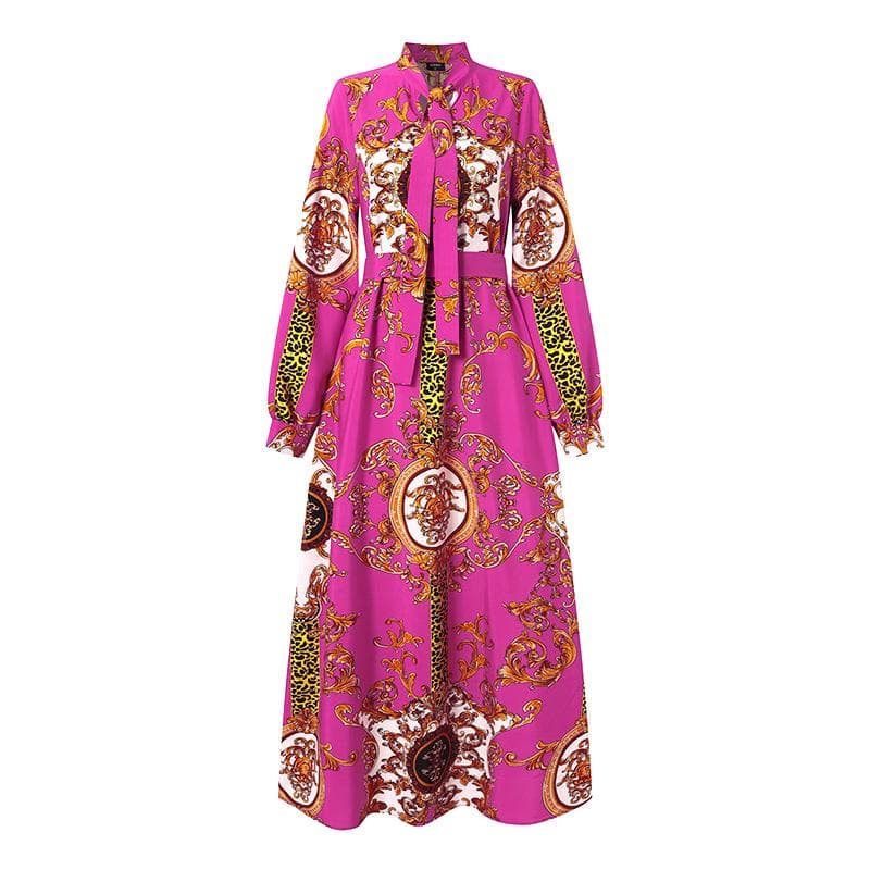 VONDA Women Turtleneck Long Puff Sleeve Casual Loose Long Dress 5XL Rose