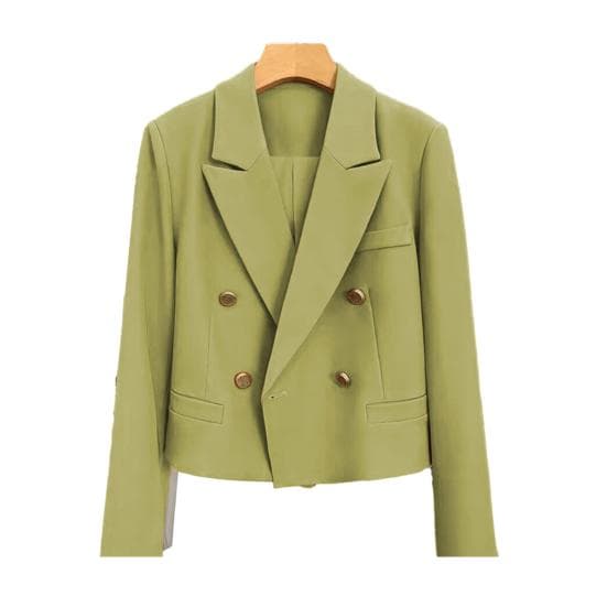 Spring Women Breasted Office Cropped Blazer Lapel Solid Color Long Sleeve Double Jacket Suit Coat 2XL dark green