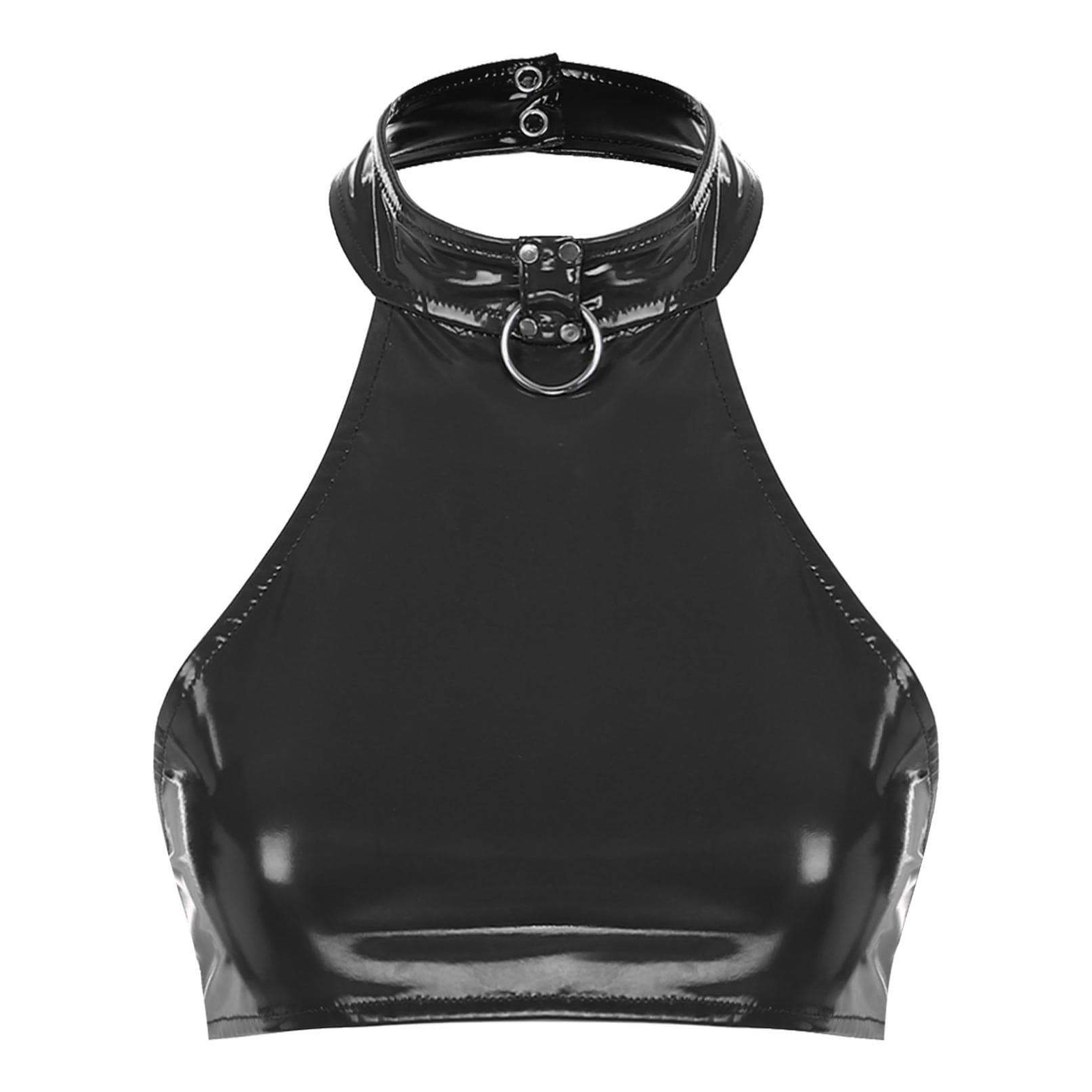 Women Latex Crop Top Halter Neck Sleeveless Lingerie Skinny Unlined Tank Tops Bustier Rave Clubwear M black