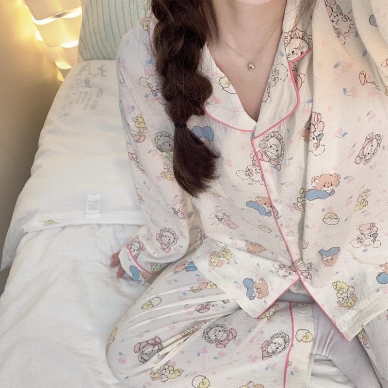 Korean Women's Pajamas Autumn Spring Long Sleeve Soft Sleepwear Set Floral Cute Cartoon Pyjama Woman Home Nightwear Set Cardigan XXL