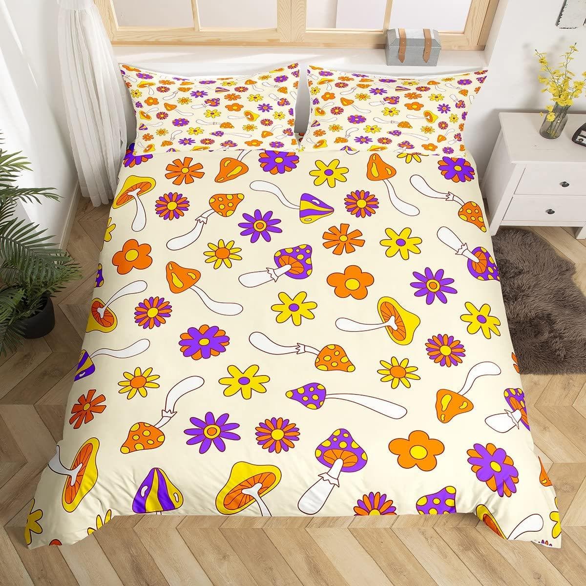 Cute Mushroom Bedding Set Twin Full Size Kids Comforter Cover Set for Teens Duvet Cover Room Decor Quilt Cover with Pillowcases EU single(135x200cm)