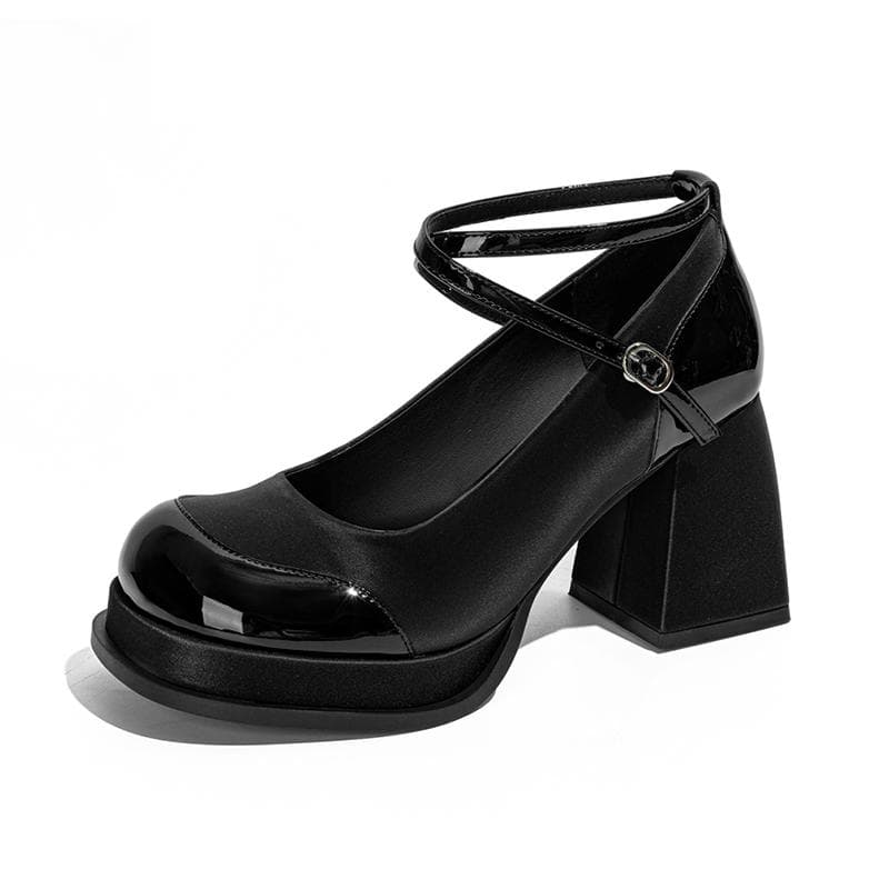 Fashion Women's High Heels Mary Janes Shoes Fashion Brand Platform Ankle Buckle Pumps Women's British Style Thick Heels Party Dress Shoe 7 black