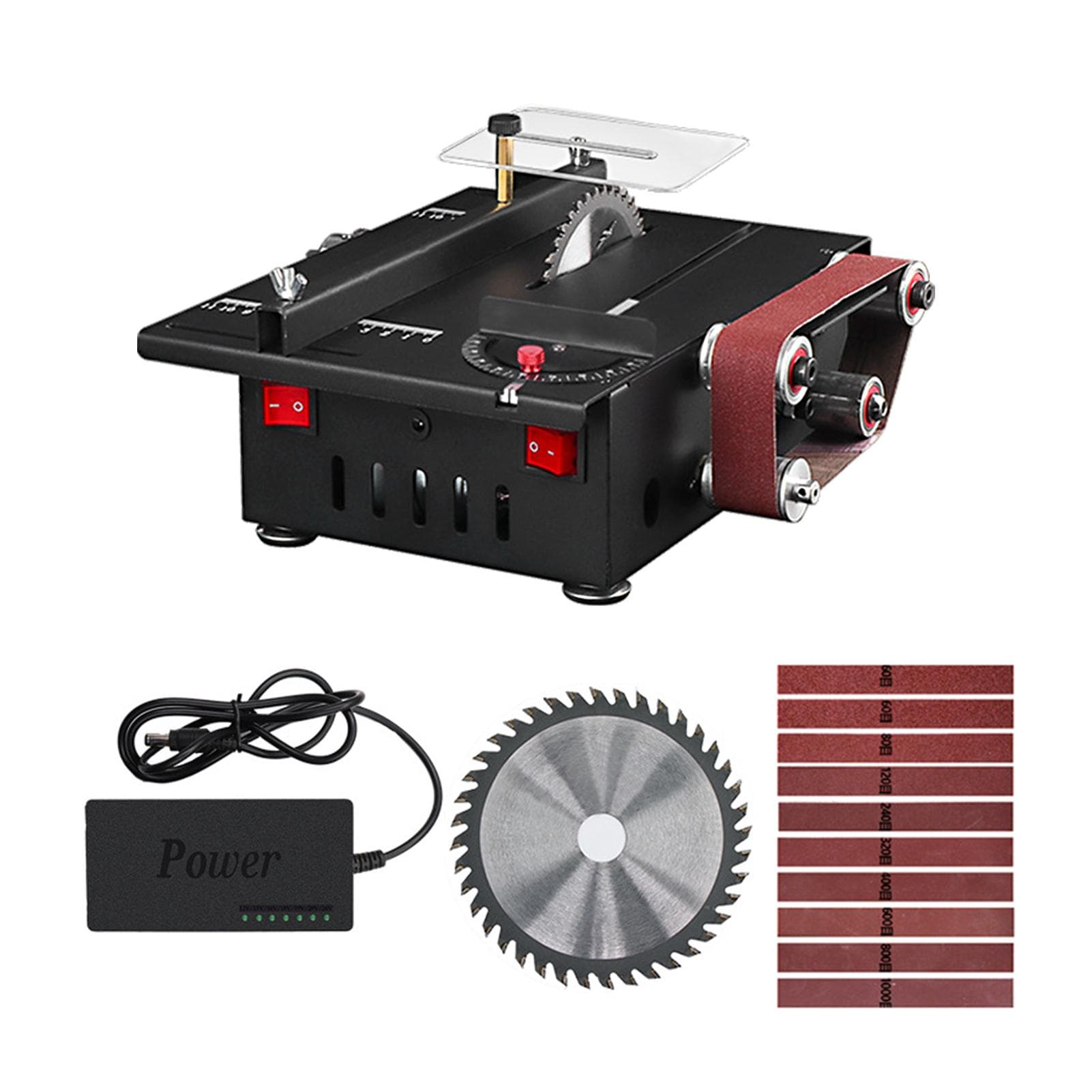 300W Mini Bench Saw and Belt Sander with Extension Rod, Collet, Grinding Carving Drilling Kit, EU Plug Standard