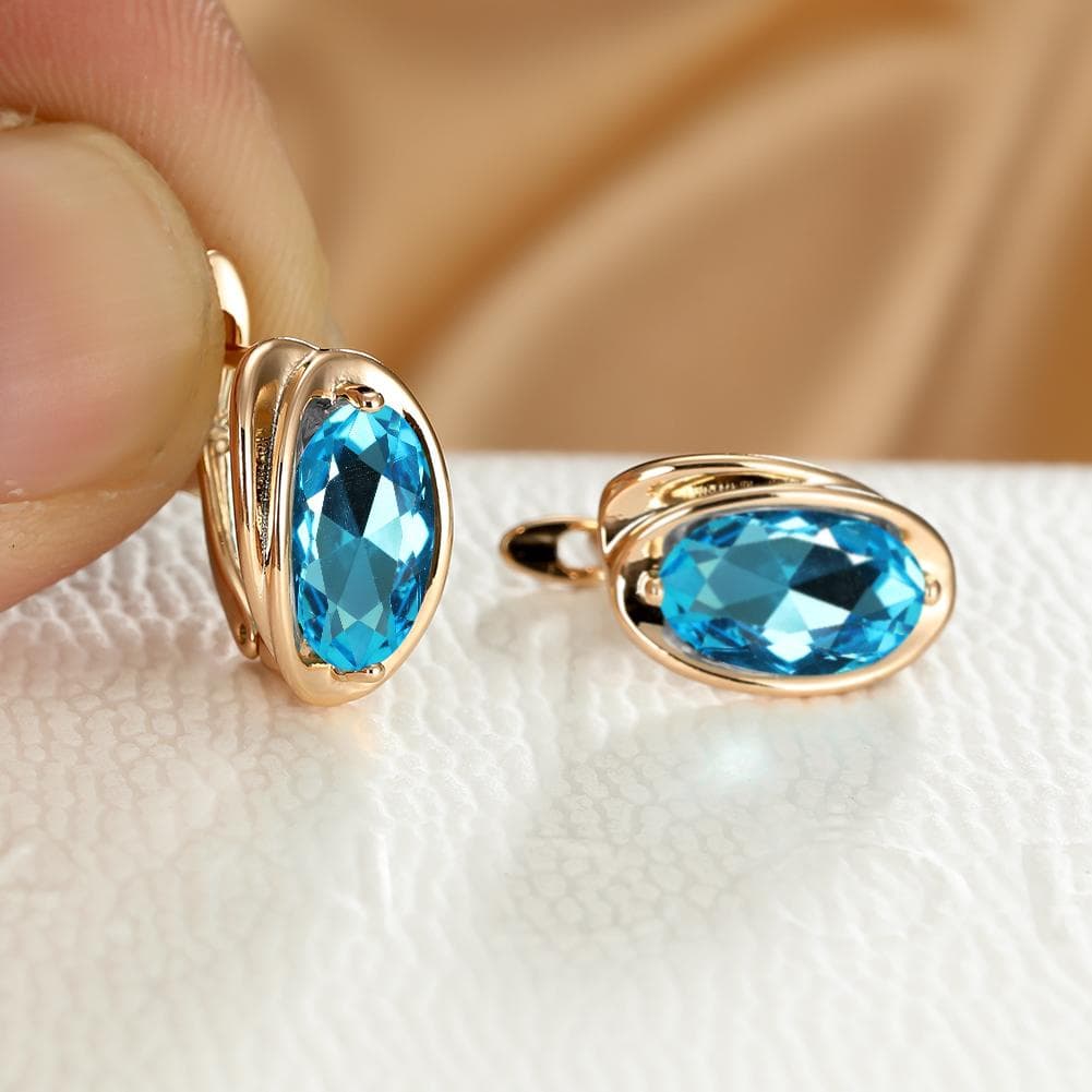 Luxury Gold Color Clip on Earrings Oval Cut Aqua Blue Stone Earrings Drop Dangle Hook Earrings Jewelry lake blue