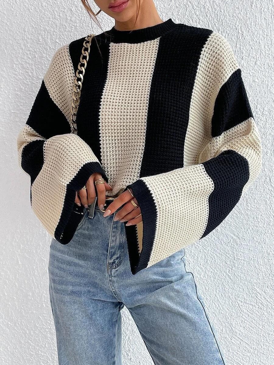 Spring Knitted Sweater Top with Round Neck and Striped Design, Sweater Jacket for Women L apricot