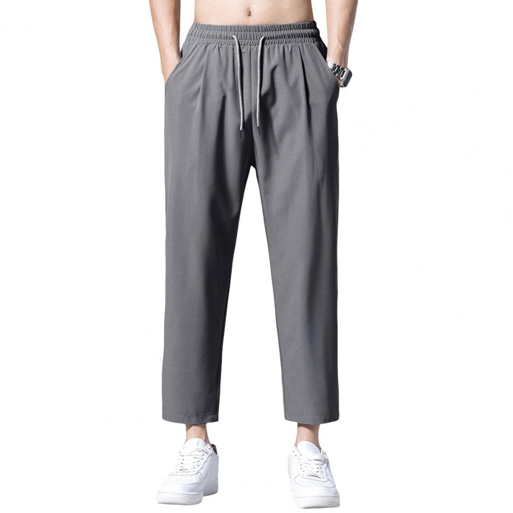 Men's Casual Ankle-Length Pants Solid Color Straight Wide-Leg Trousers Elastic Waist Ice Silk Breathable Quick-Dry Baggy Cargo S XL grey