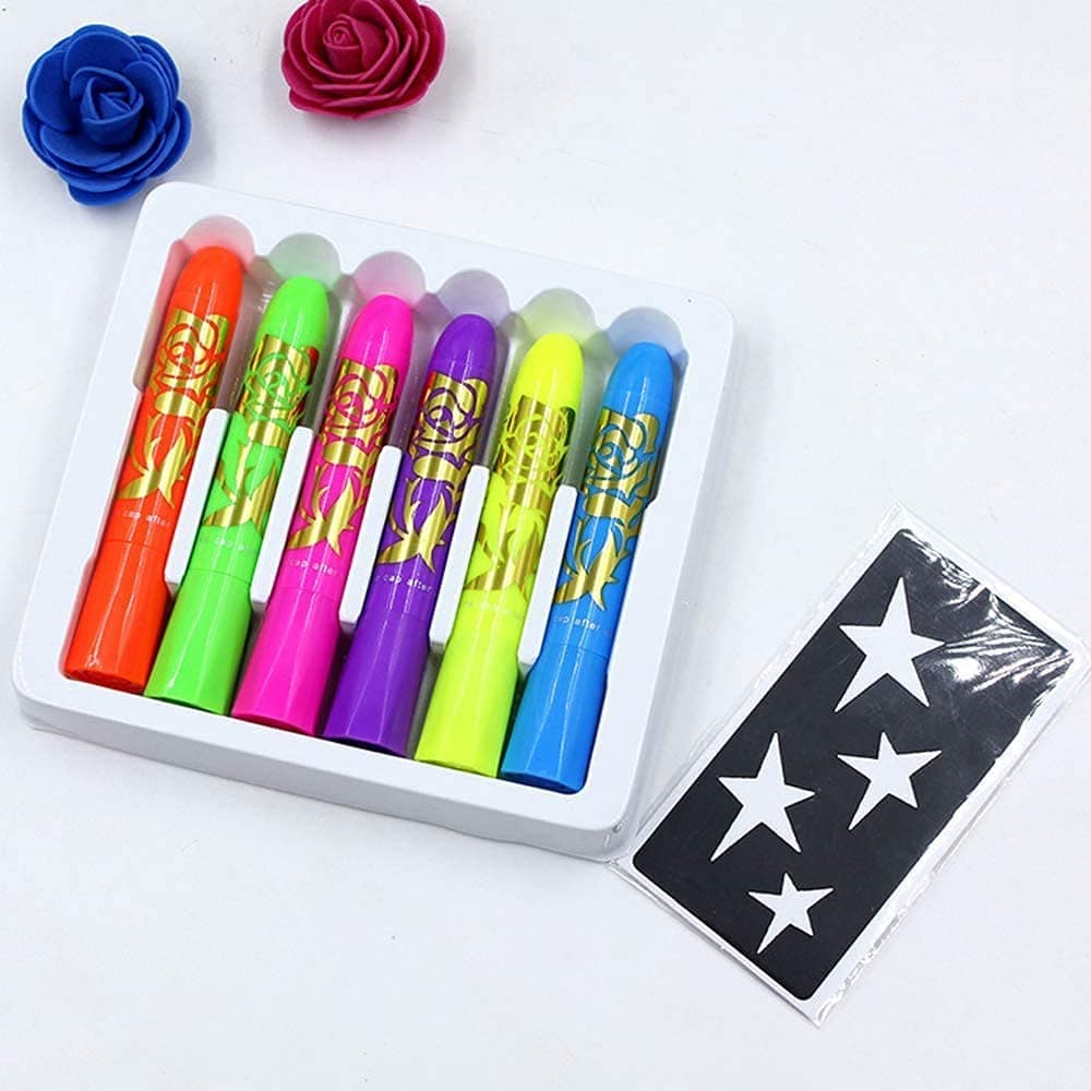 6pcs Halloween Glow Pop In Dark Face Black Light Paint UV Neon Face Body Paint Crayon Kit Fluorescent Makeup Marker Christmas