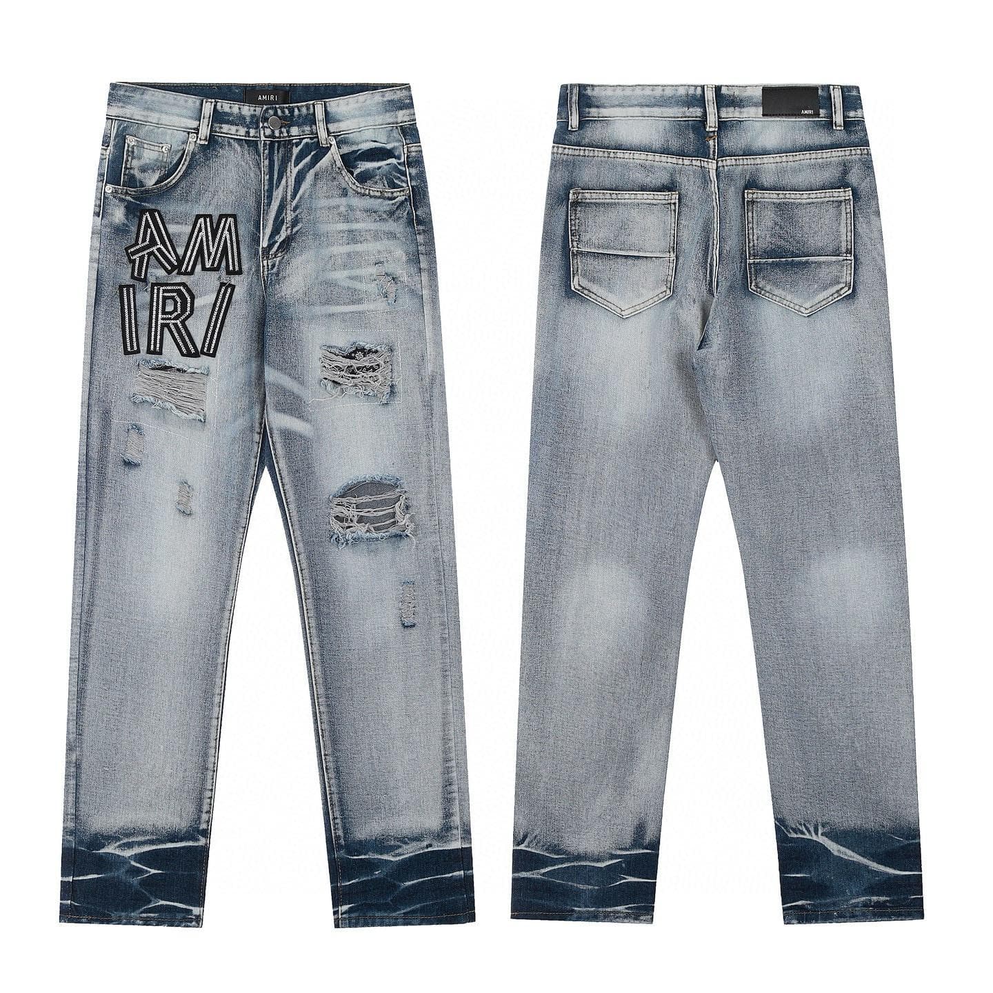 M12 Amiri Men's and Women's American Style Trendy Jeans with Fabric Patches, Holes, Embroidery, Casual and Fashionable High Street Pants 36