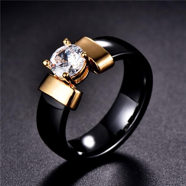 Smooth Black White Ceramic Ring Simple Crystal Bride and Groom Jewelry Gifts Size 6-10 8 gold/black