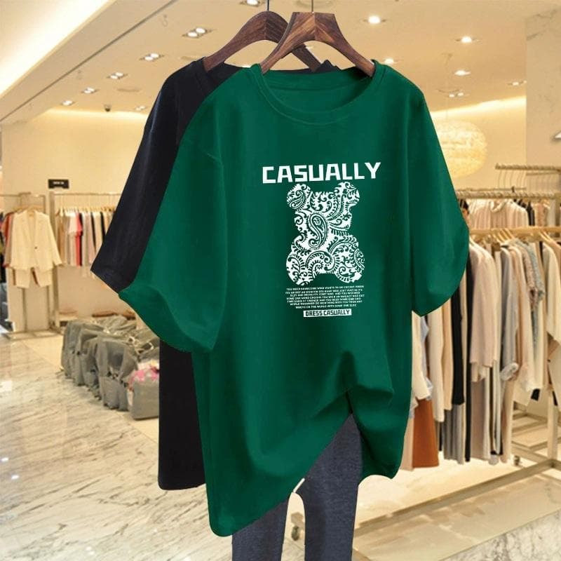 Pure Cotton Bear Print Short Sleeve T-shirt for Women In Summer New Loose Large Size Mid-Length Top for Butt XXXL green